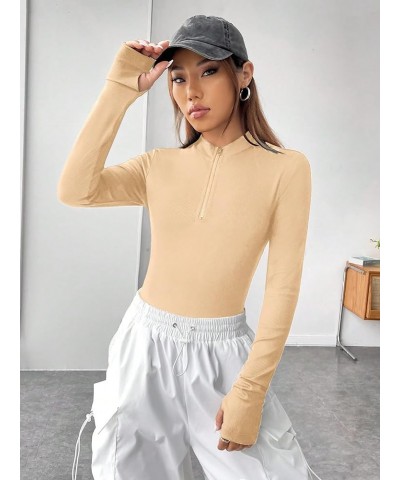 Women's Half Zip Up Long Sleeve Slim Fit Knitted Bodysuit Shirt Top Beige $13.05 Bodysuits