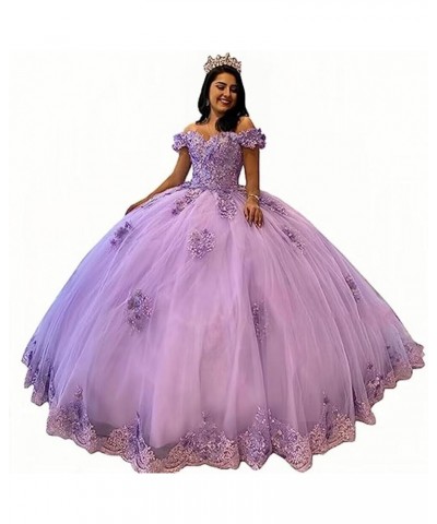 Women's Off Shoulder Lace Beaded Quinceanera Dresses Ball Gown Puffy 3D Flowers Sweet 15 16 Dresses with Bowie XY083 Lilac $7...