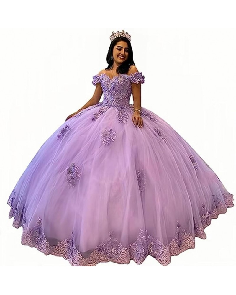 Women's Off Shoulder Lace Beaded Quinceanera Dresses Ball Gown Puffy 3D Flowers Sweet 15 16 Dresses with Bowie XY083 Lilac $7...