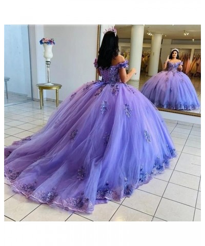 Women's Off Shoulder Lace Beaded Quinceanera Dresses Ball Gown Puffy 3D Flowers Sweet 15 16 Dresses with Bowie XY083 Lilac $7...