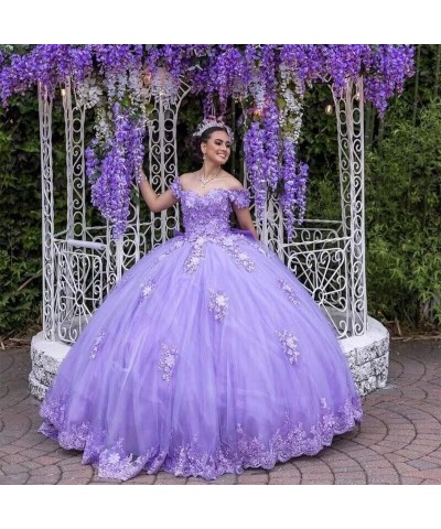 Women's Off Shoulder Lace Beaded Quinceanera Dresses Ball Gown Puffy 3D Flowers Sweet 15 16 Dresses with Bowie XY083 Lilac $7...