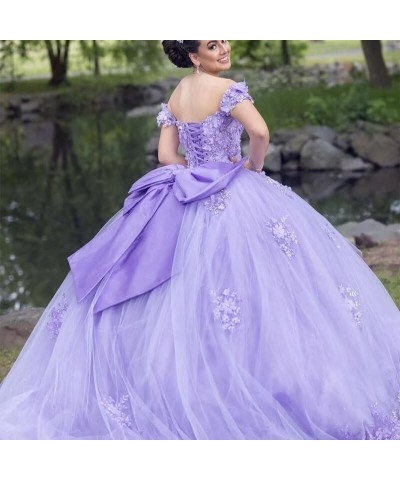 Women's Off Shoulder Lace Beaded Quinceanera Dresses Ball Gown Puffy 3D Flowers Sweet 15 16 Dresses with Bowie XY083 Lilac $7...