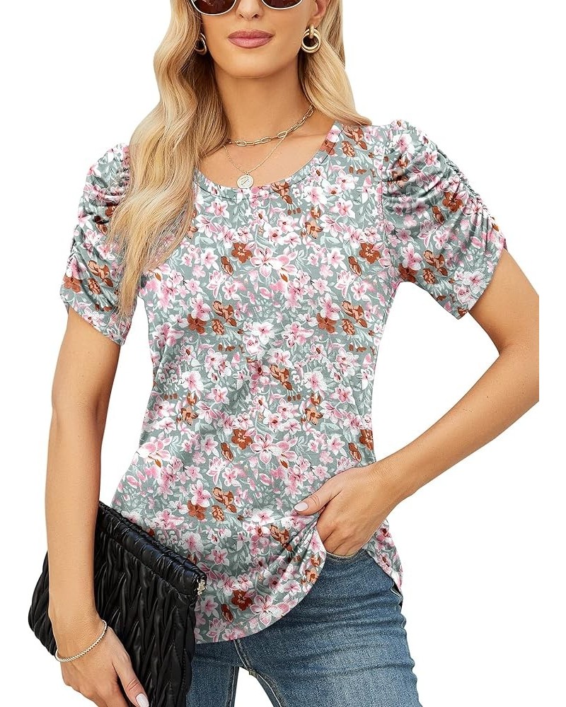 Women's Summer Short Puff Sleeve Tops Crewneck Floral Casual Blouses Ladies Work Shirts Dressy S-XXL Short Sleeve-green Flora...