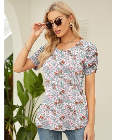 Women's Summer Short Puff Sleeve Tops Crewneck Floral Casual Blouses Ladies Work Shirts Dressy S-XXL Short Sleeve-green Flora...