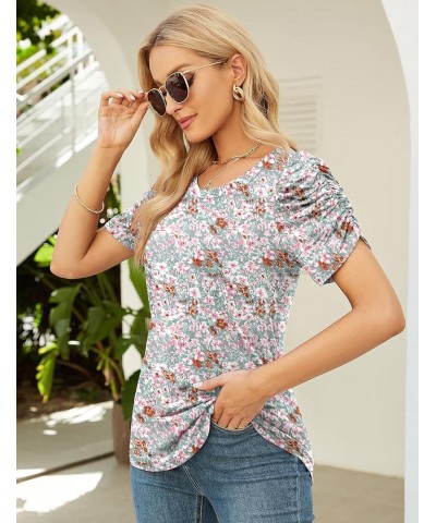 Women's Summer Short Puff Sleeve Tops Crewneck Floral Casual Blouses Ladies Work Shirts Dressy S-XXL Short Sleeve-green Flora...