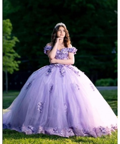 Women's Off Shoulder Lace Beaded Quinceanera Dresses Ball Gown Puffy 3D Flowers Sweet 15 16 Dresses with Bowie XY083 Lilac $7...