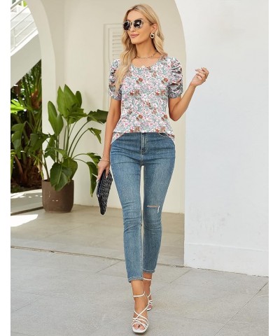 Women's Summer Short Puff Sleeve Tops Crewneck Floral Casual Blouses Ladies Work Shirts Dressy S-XXL Short Sleeve-green Flora...