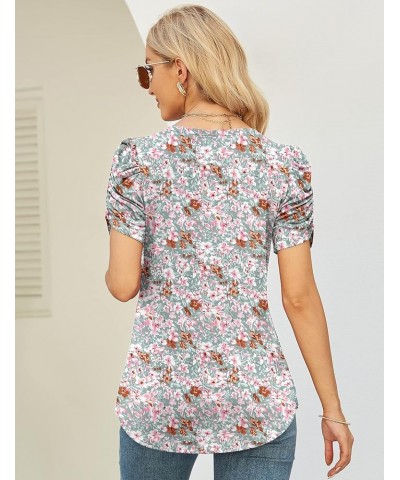 Women's Summer Short Puff Sleeve Tops Crewneck Floral Casual Blouses Ladies Work Shirts Dressy S-XXL Short Sleeve-green Flora...