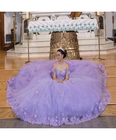 Women's Off Shoulder Lace Beaded Quinceanera Dresses Ball Gown Puffy 3D Flowers Sweet 15 16 Dresses with Bowie XY083 Lilac $7...