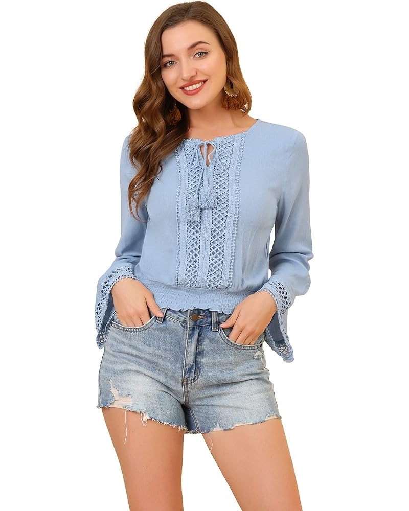 Women's Boho Beach Blouse Bell Sleeve Lace Trim Tie Neck Peasant Smocked Top Blue $13.53 Blouses