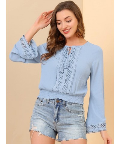 Women's Boho Beach Blouse Bell Sleeve Lace Trim Tie Neck Peasant Smocked Top Blue $13.53 Blouses