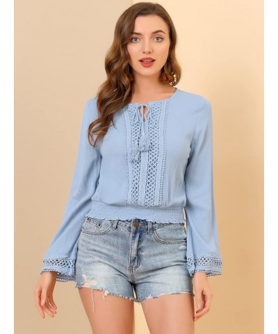 Women's Boho Beach Blouse Bell Sleeve Lace Trim Tie Neck Peasant Smocked Top Blue $13.53 Blouses