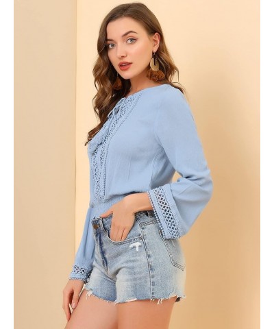 Women's Boho Beach Blouse Bell Sleeve Lace Trim Tie Neck Peasant Smocked Top Blue $13.53 Blouses