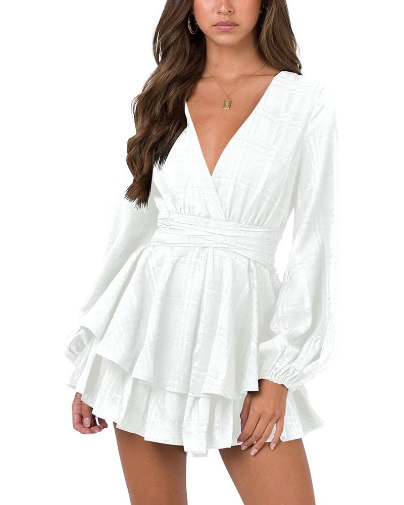 Womens Sexy Deep V Neck Long Sleeve Tie Waist Ruffle Hem Flowy Swing Mini Short Wrap Dress White Plaid $24.48 Dresses