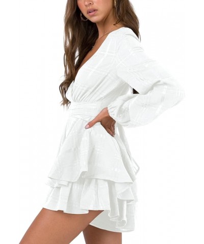 Womens Sexy Deep V Neck Long Sleeve Tie Waist Ruffle Hem Flowy Swing Mini Short Wrap Dress White Plaid $24.48 Dresses