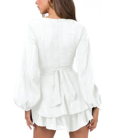 Womens Sexy Deep V Neck Long Sleeve Tie Waist Ruffle Hem Flowy Swing Mini Short Wrap Dress White Plaid $24.48 Dresses