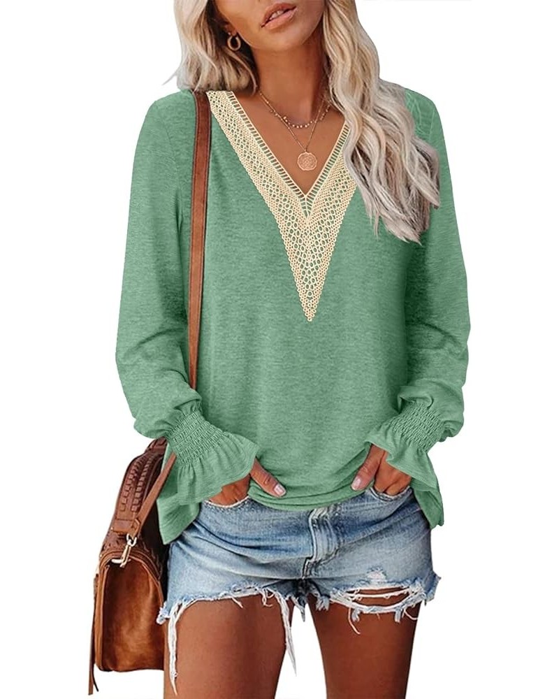 Women's Casual Long Puff Sleeve Tops Dressy Lace V Neck Smocked Cuffs Loose Tunic Blouses Dustygreen $16.49 Blouses