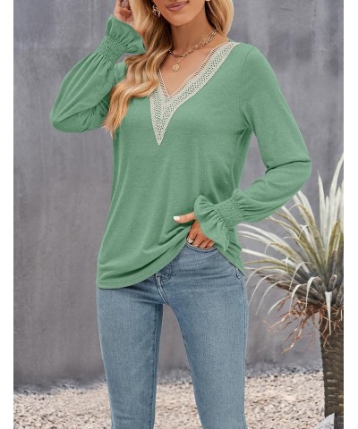 Women's Casual Long Puff Sleeve Tops Dressy Lace V Neck Smocked Cuffs Loose Tunic Blouses Dustygreen $16.49 Blouses