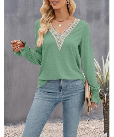 Women's Casual Long Puff Sleeve Tops Dressy Lace V Neck Smocked Cuffs Loose Tunic Blouses Dustygreen $16.49 Blouses