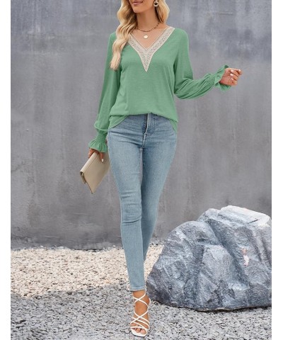 Women's Casual Long Puff Sleeve Tops Dressy Lace V Neck Smocked Cuffs Loose Tunic Blouses Dustygreen $16.49 Blouses