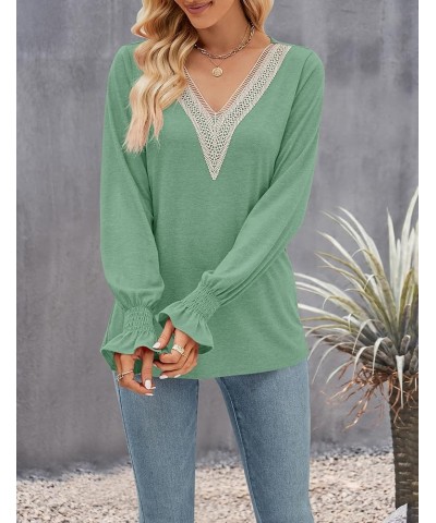 Women's Casual Long Puff Sleeve Tops Dressy Lace V Neck Smocked Cuffs Loose Tunic Blouses Dustygreen $16.49 Blouses