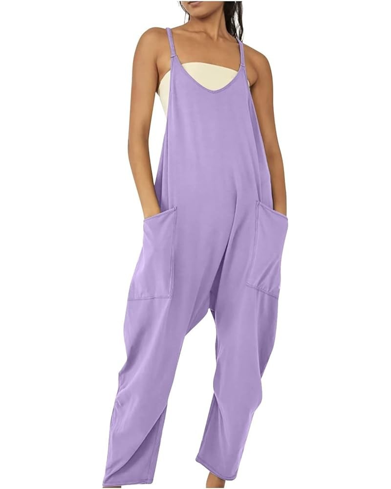 Womens Casual Jumpsuits Onesie Dupes Spaghetti Strap Loose Fit Romper Overalls Summer Wide Leg Harem Pants w Pockets A3purple...