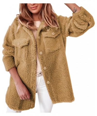 Women 2023 Fall Winter Fleece Jacket Zipper Long Sleeve Casual Solid Color Lapel Coat Outwear with Pockets 03-khaki $9.13 Jac...