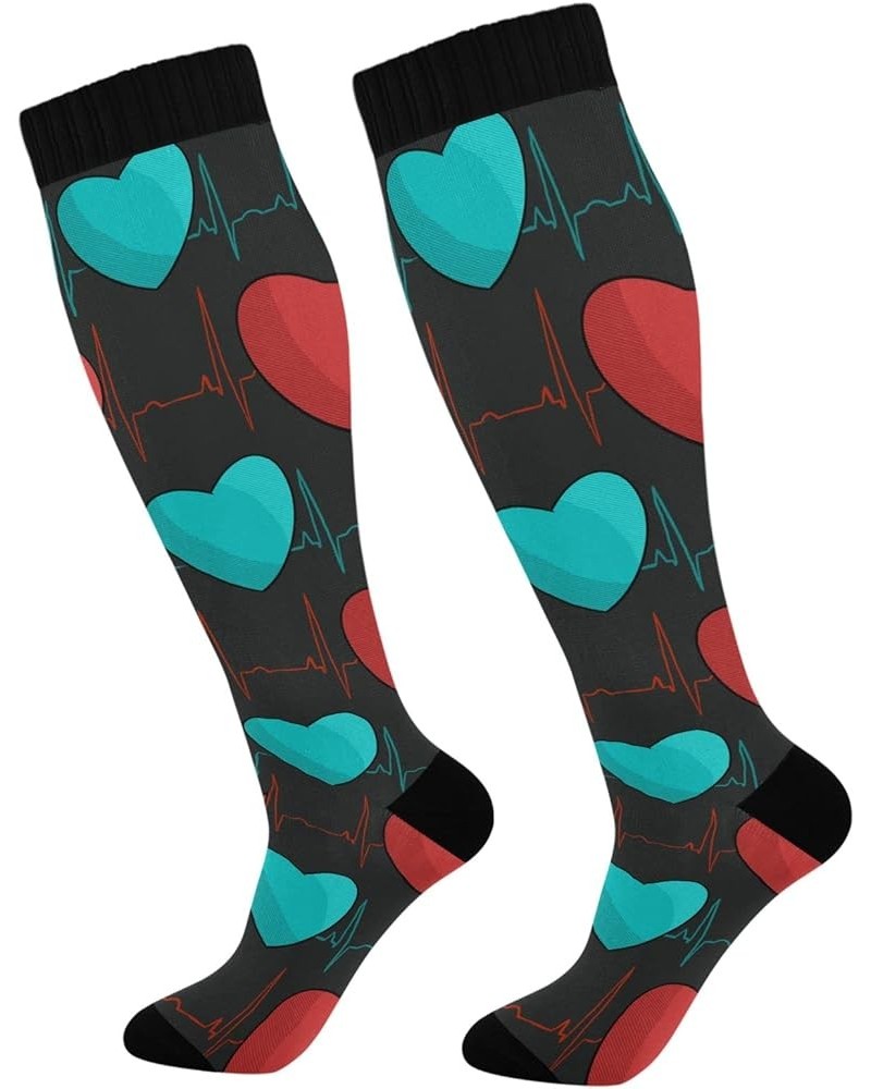 Heartbeat Symbol Compression Socks for Women and Men Circulation Black Long Socks for Athletic Running 2 1 Turquoise Hearts $...