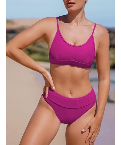 Women's Ribbed Knit Bikini Swimsuits High Waisted 2 Piece Bathing Suit Deeppink $10.99 Swimsuits