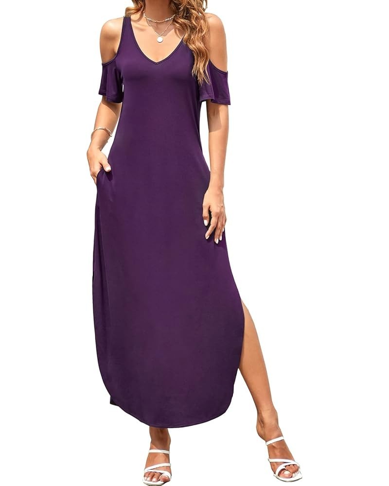 Women's Summer Maxi Dresses V Neck Cold Shoulder Short Sleeve Casual Loose Long Split Dress with Pocket Purple $17.00 Dresses