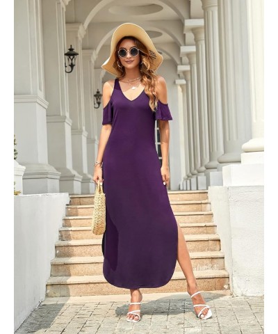 Women's Summer Maxi Dresses V Neck Cold Shoulder Short Sleeve Casual Loose Long Split Dress with Pocket Purple $17.00 Dresses