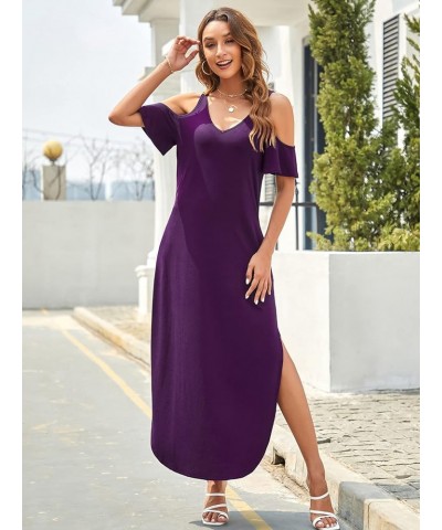 Women's Summer Maxi Dresses V Neck Cold Shoulder Short Sleeve Casual Loose Long Split Dress with Pocket Purple $17.00 Dresses