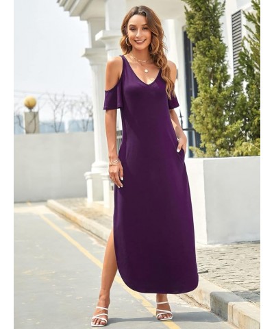 Women's Summer Maxi Dresses V Neck Cold Shoulder Short Sleeve Casual Loose Long Split Dress with Pocket Purple $17.00 Dresses