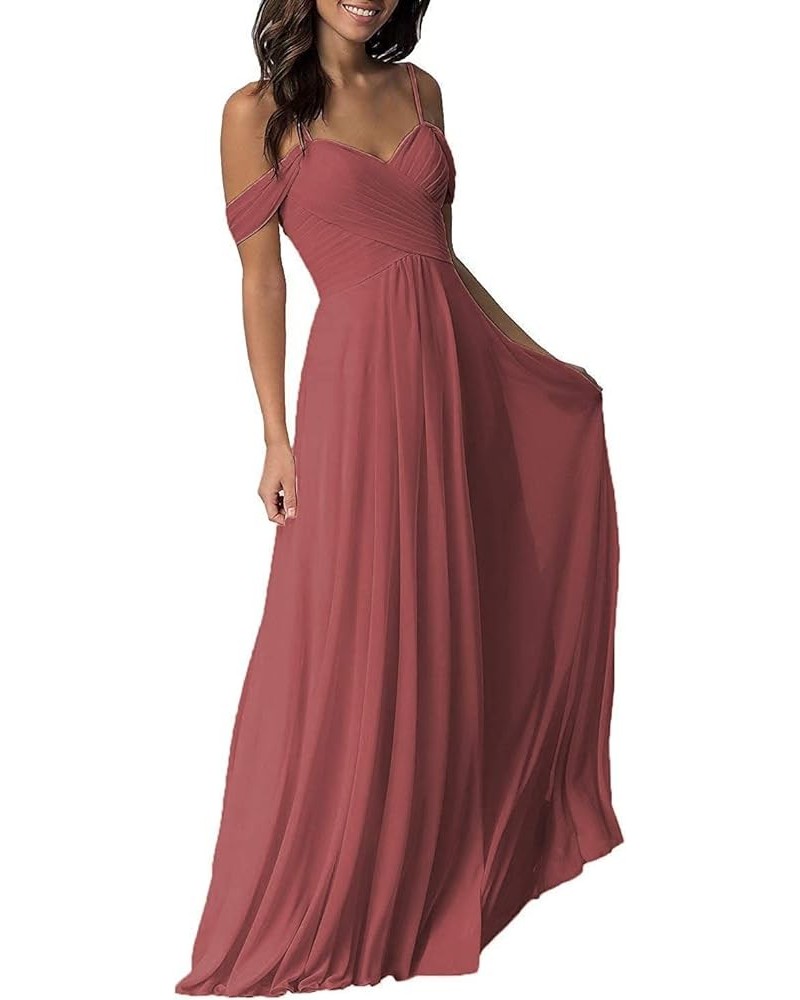 Women's A-Line Pleated Cold-Shoulder Chiffon Long Bridesmaid Dress Cinnamon Rose $32.48 Dresses