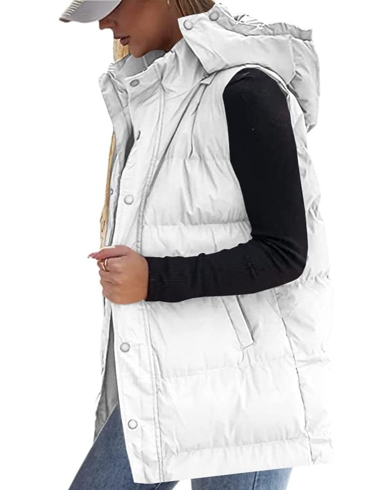 Women's long Quilted Vest hooded sleeveless Button Down puff vest cotton padded jacket winter coat Z02-white $31.50 Vests