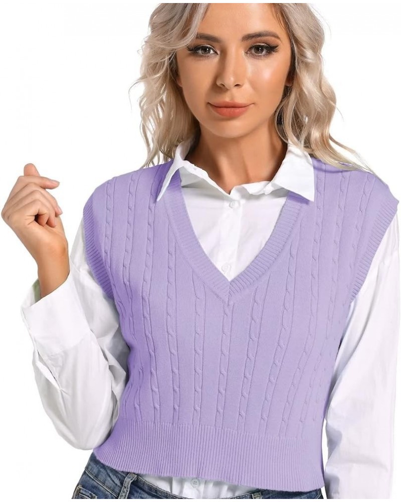 Womens V Neck Sweater Vest School Uniform Vest Striped Cable Knit Sleeveless Sweater Tops F-purple $13.33 Sweaters