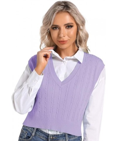 Womens V Neck Sweater Vest School Uniform Vest Striped Cable Knit Sleeveless Sweater Tops F-purple $13.33 Sweaters