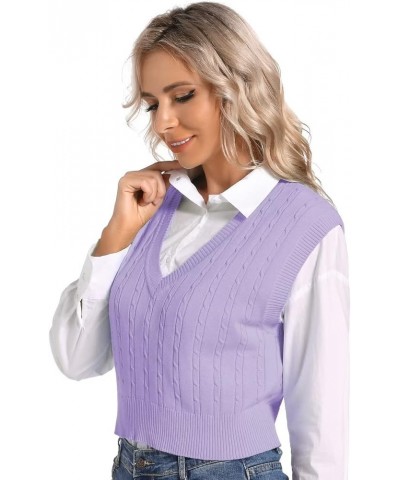 Womens V Neck Sweater Vest School Uniform Vest Striped Cable Knit Sleeveless Sweater Tops F-purple $13.33 Sweaters