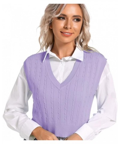 Womens V Neck Sweater Vest School Uniform Vest Striped Cable Knit Sleeveless Sweater Tops F-purple $13.33 Sweaters