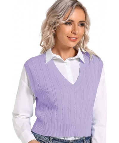 Womens V Neck Sweater Vest School Uniform Vest Striped Cable Knit Sleeveless Sweater Tops F-purple $13.33 Sweaters