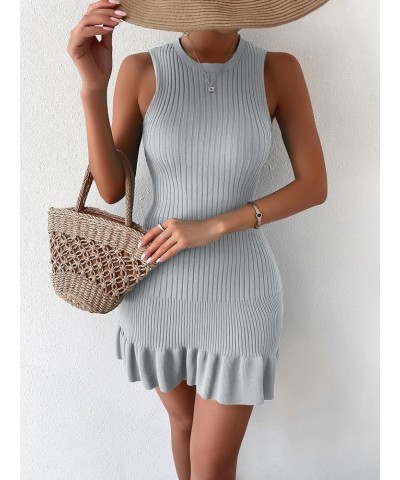 Women's Sleeveless Ruffle Hem Ribbed Knit Mini Bodycon Sweater Dress Grey $18.24 Sweaters