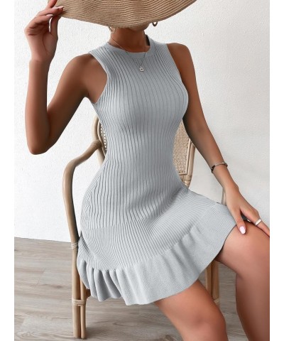 Women's Sleeveless Ruffle Hem Ribbed Knit Mini Bodycon Sweater Dress Grey $18.24 Sweaters