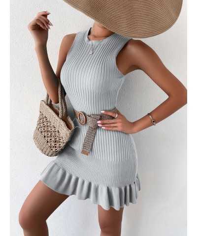 Women's Sleeveless Ruffle Hem Ribbed Knit Mini Bodycon Sweater Dress Grey $18.24 Sweaters