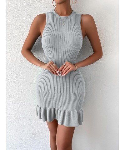 Women's Sleeveless Ruffle Hem Ribbed Knit Mini Bodycon Sweater Dress Grey $18.24 Sweaters