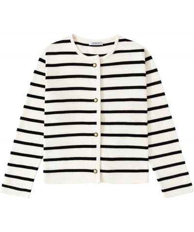 Women's Striped Cardigan Sweater Trendy Long Sleeve Button Down Crewneck Knit Cardigans Black+white $24.29 Sweaters