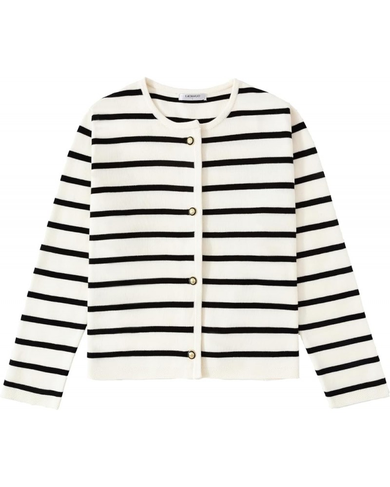 Women's Striped Cardigan Sweater Trendy Long Sleeve Button Down Crewneck Knit Cardigans Black+white $24.29 Sweaters