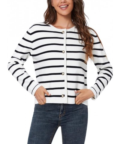 Women's Striped Cardigan Sweater Trendy Long Sleeve Button Down Crewneck Knit Cardigans Black+white $24.29 Sweaters