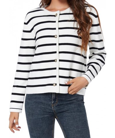 Women's Striped Cardigan Sweater Trendy Long Sleeve Button Down Crewneck Knit Cardigans Black+white $24.29 Sweaters