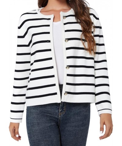 Women's Striped Cardigan Sweater Trendy Long Sleeve Button Down Crewneck Knit Cardigans Black+white $24.29 Sweaters