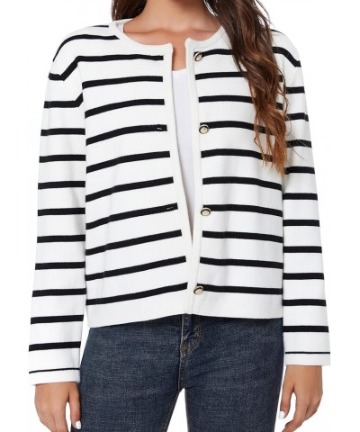 Women's Striped Cardigan Sweater Trendy Long Sleeve Button Down Crewneck Knit Cardigans Black+white $24.29 Sweaters